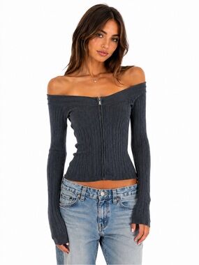 GUESS Authentic XS Off Shoulder Zip Ribbed Sweater Grey Y2K Top
